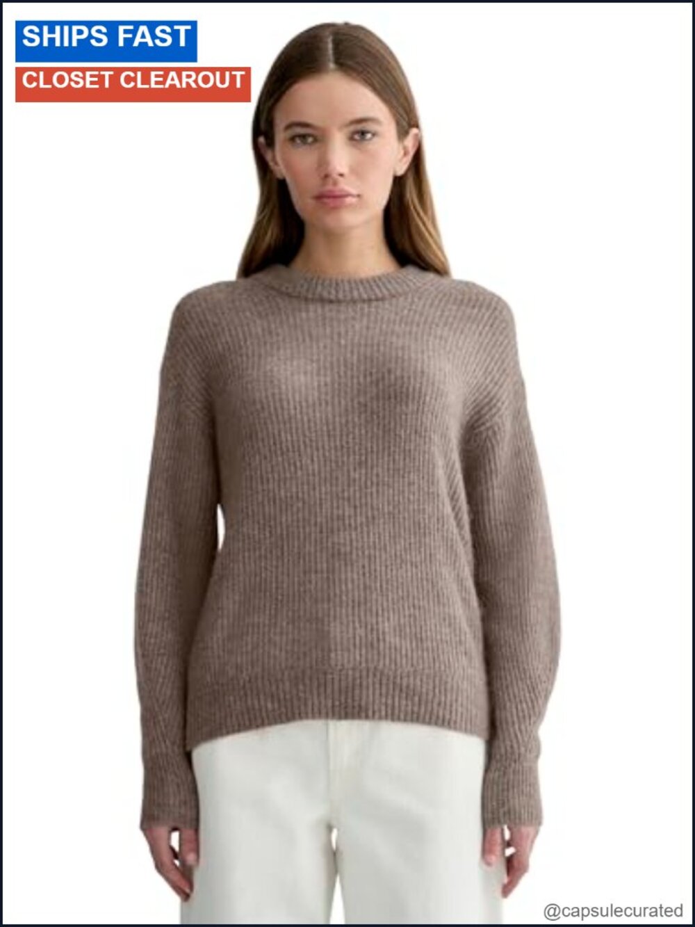 Alpaca Blend Ribbed Knit Cocoon Crewneck Pullover Sweater